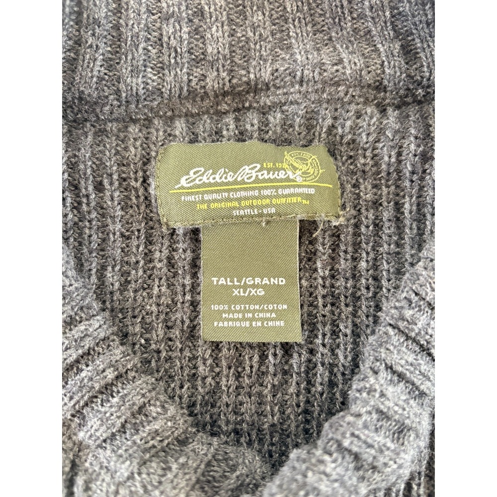 Eddie Bauer XL Gray Cotton Cable Knit Sweater Button 1/4 Button Pullover - Picture 4 of 7